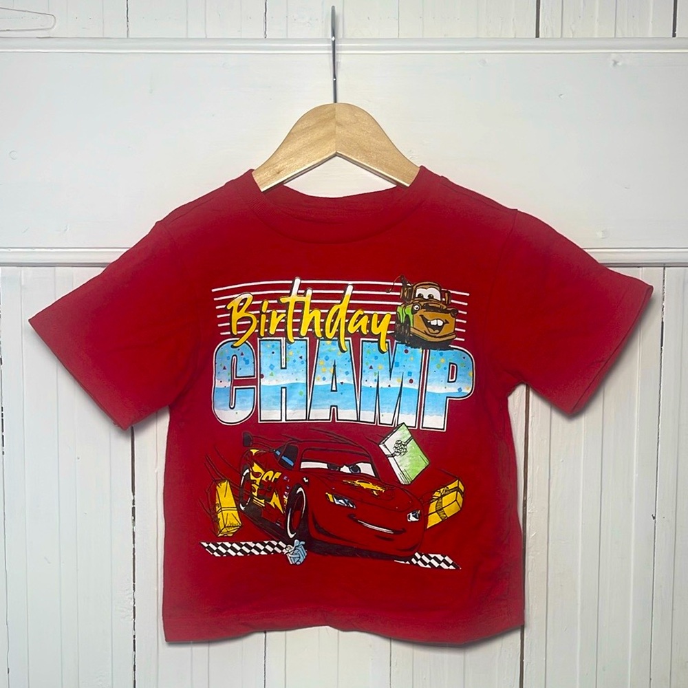 DISNEY EUC 100% Cotton Pixar Cars Lightening McQueen Birthday Champ Shirt